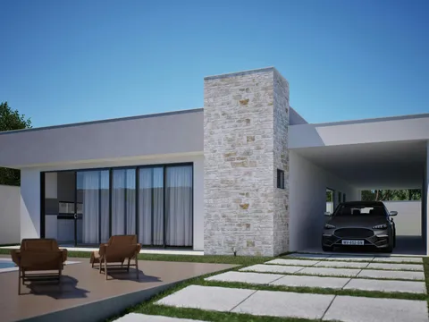 Carport aluminium à toit plat en porte-à-faux devant une villa moderne à bardage pierre, allée dallée et piscine à l’arrière-plan
