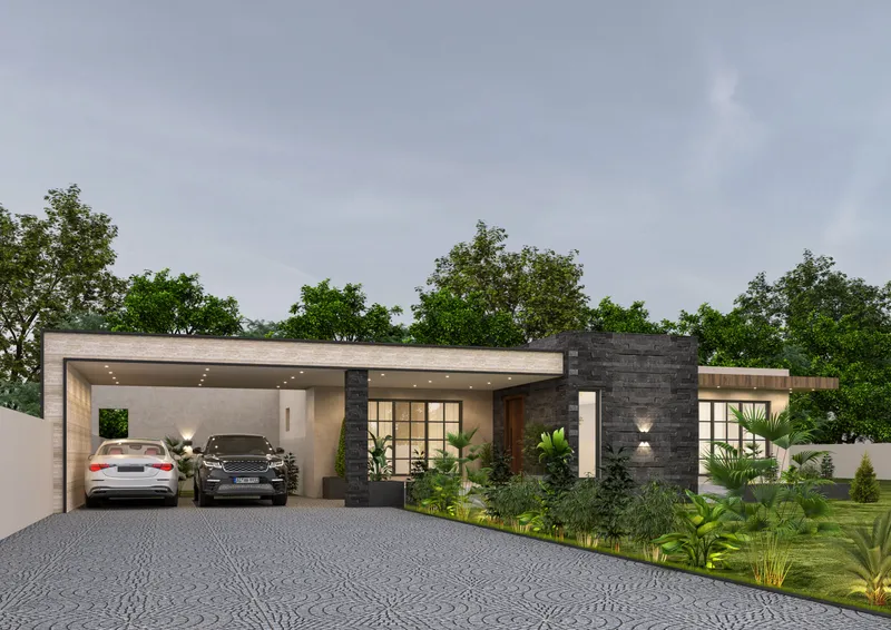 Carport aluminium à toit plat en porte-à-faux avec habillage pierre, deux véhicules garés en soirée devant une villa contemporaine